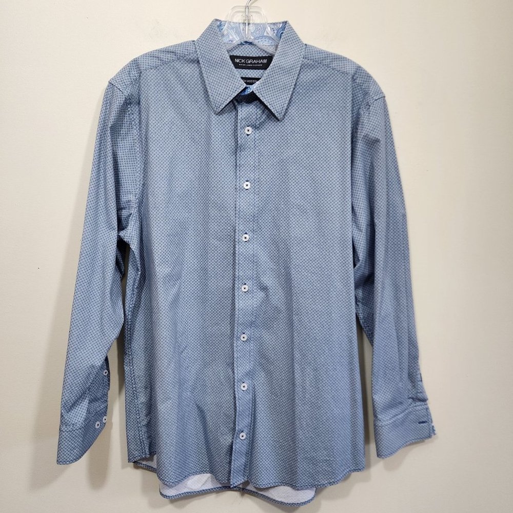 Nick Graham blue circle print with paisley cuffs modern fit shirt mens size 15.5